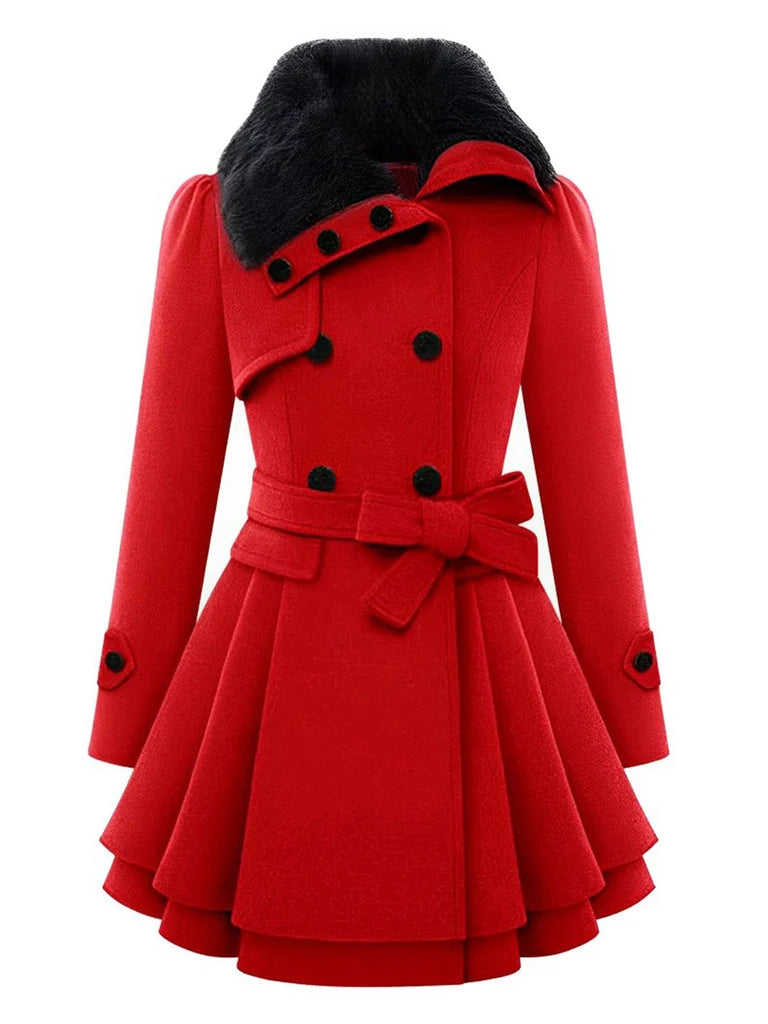 Manteau en hiver cintré à col en fourrure de Noël Chic
