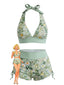 Ensemble de bikini haut dos nu et bas shorty motif fleurs sauvages années 50