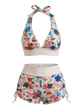 Ensemble Bikini Fleurs Sauvages Halter Taille Haute Shorty Années 1950 4