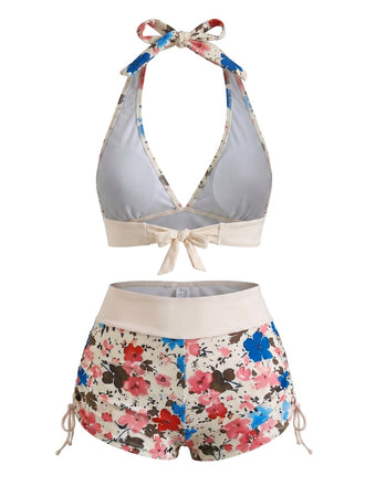Ensemble Bikini Fleurs Sauvages Halter Taille Haute Shorty Années 1950 5