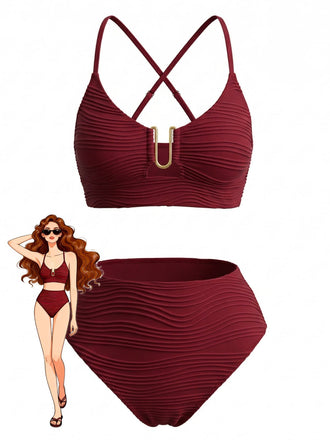 Ensemble Tankini Taille Haute Uni avec Détail Métal en U Années 1950