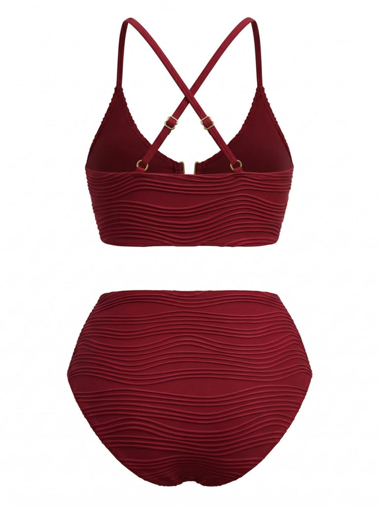 Ensemble Tankini Taille Haute Uni avec Détail Métal en U Années 1950