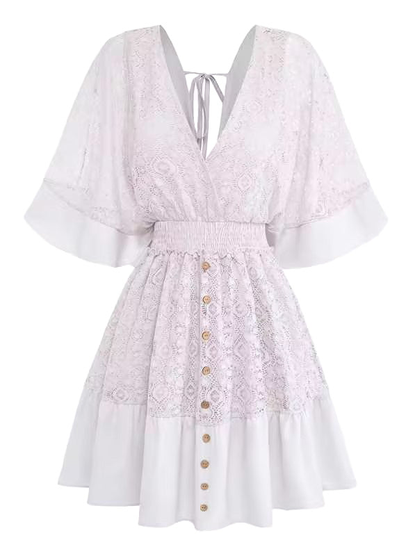 Uni Dentelle Patchwork Chauve-Souris Sleeve Col en V Robe Années 1970 9