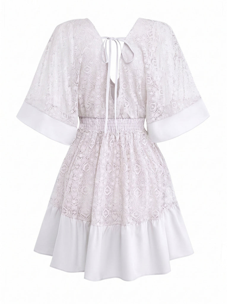 Uni Dentelle Patchwork Chauve-Souris Sleeve Col en V Robe Années 1970 10