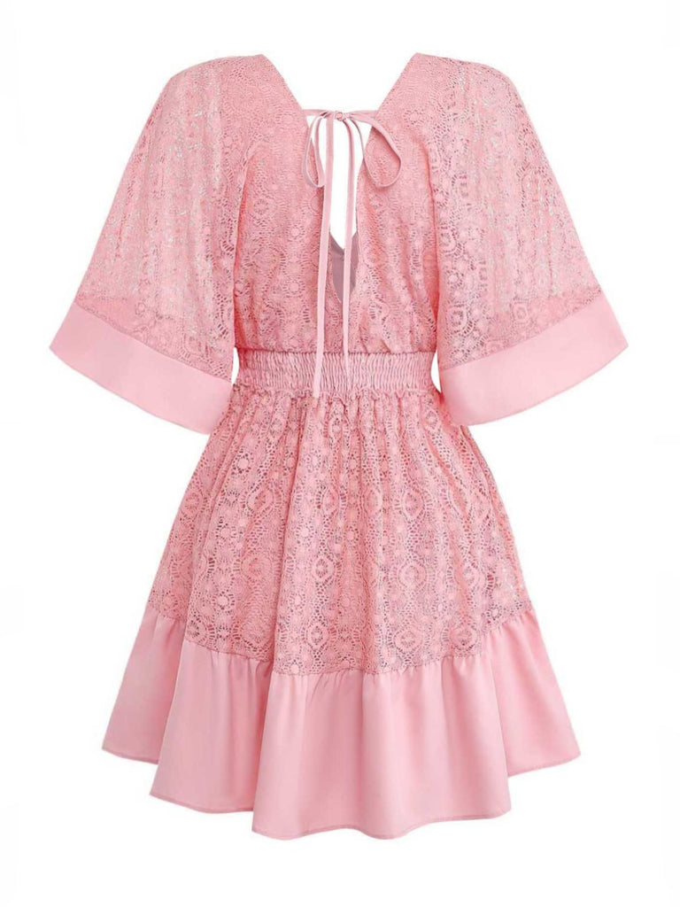 Uni Dentelle Patchwork Chauve-Souris Sleeve Col en V Robe Années 1970 4