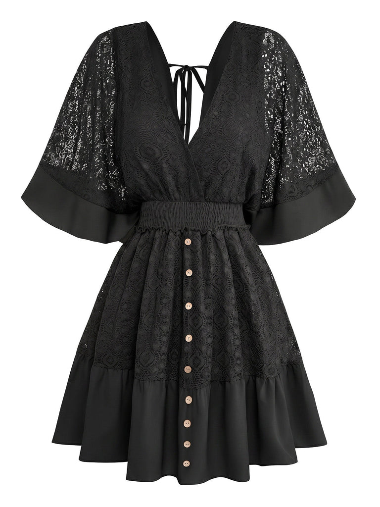Uni Dentelle Patchwork Chauve-Souris Sleeve Col en V Robe Années 1970 11