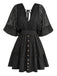 Uni Dentelle Patchwork Chauve-Souris Sleeve Col en V Robe Années 1970 11