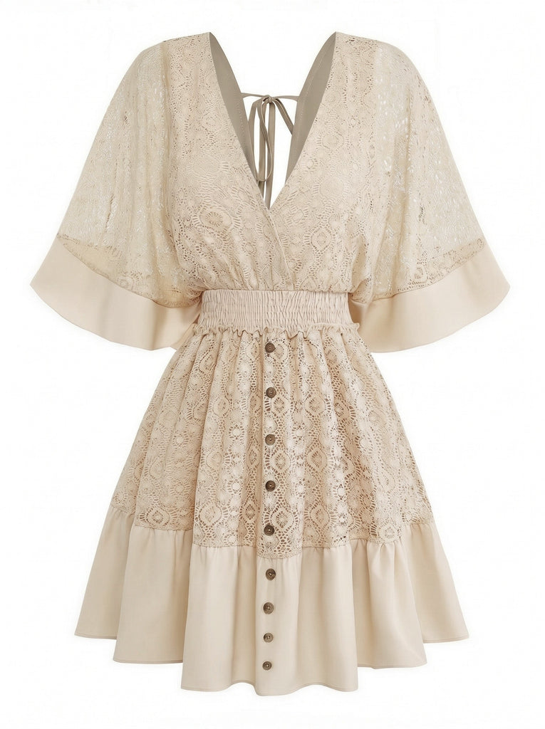 Uni Dentelle Patchwork Chauve-Souris Sleeve Col en V Robe Années 1970