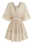 Uni Dentelle Patchwork Chauve-Souris Sleeve Col en V Robe Années 1970