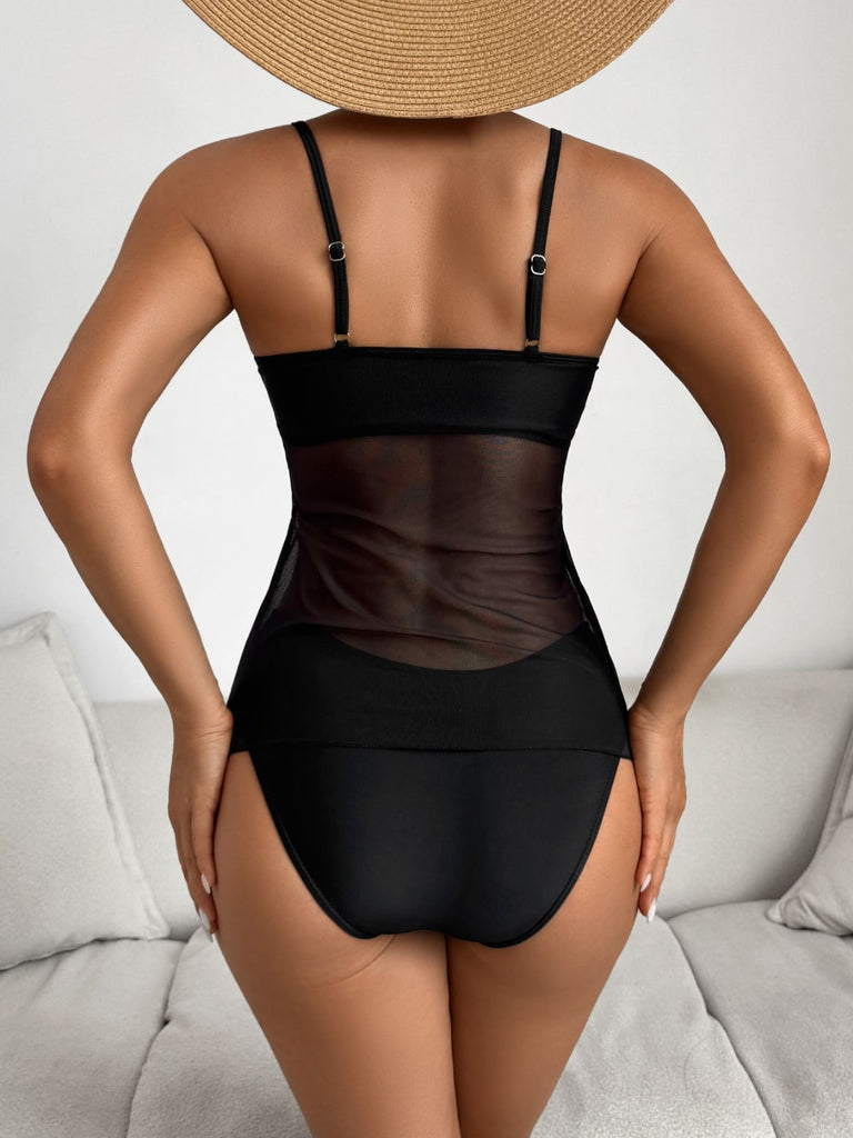 Ensemble Tankini en Maille à Bretelles Fines Imprimé Palmiers Années 1950
