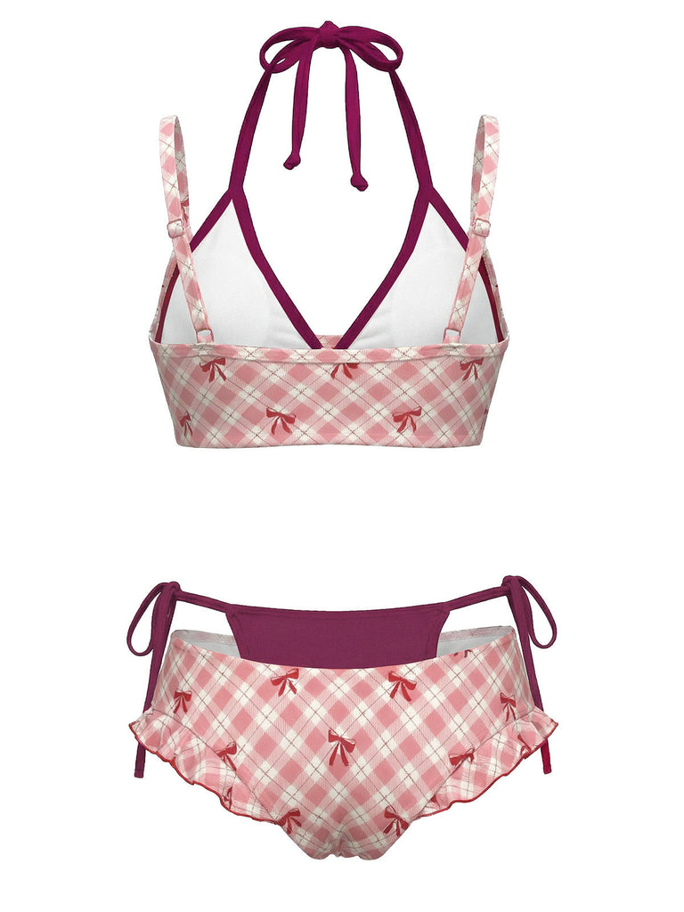 [Prévente] Ensemble Bikini Double Couche Halter à Carreaux avec Nœud Vert Années 1950 6