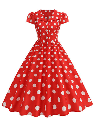 Robe Évasée à Pois Col à Revers Manches Courtes Années 1950 4