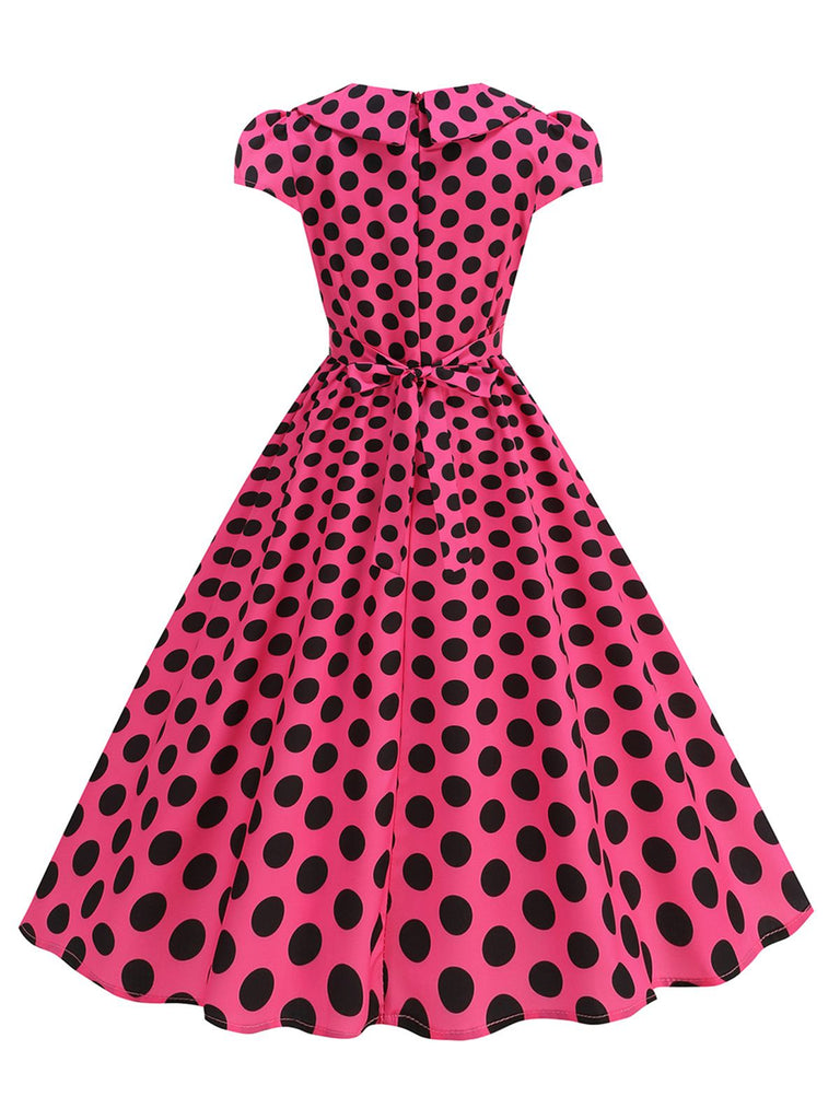 Robe Évasée à Pois Col à Revers Manches Courtes Années 1950 7