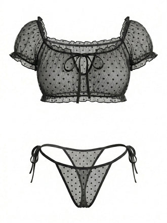 Épaules Dénudées à Pois Résille Lingerie Ensemble Années 1950