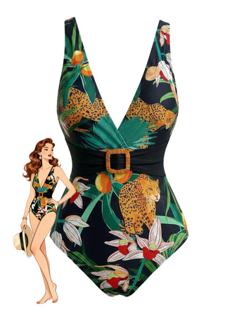 Tropical Léopard Boucle Col en V Une Pièce Maillot de Bain Années 1950