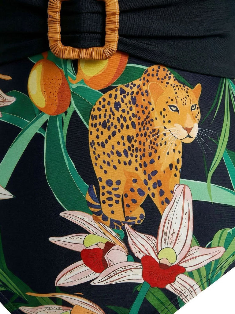 Tropical Léopard Boucle Col en V Une Pièce Maillot de Bain Années 1950 4