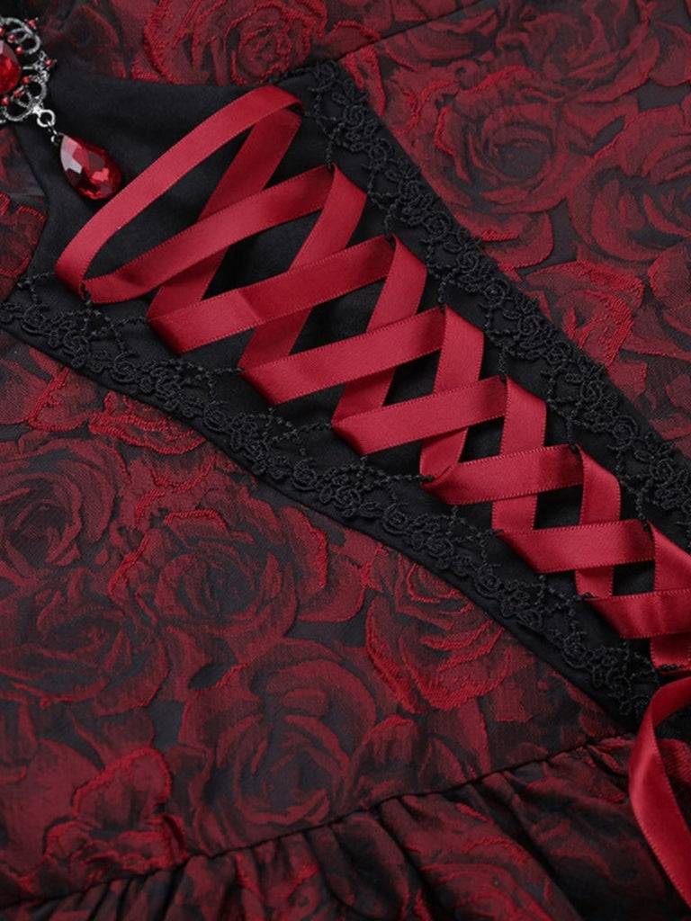 Robe gothique en jacquard à pierres précieuses, roses et dentelle années 1950 - 4