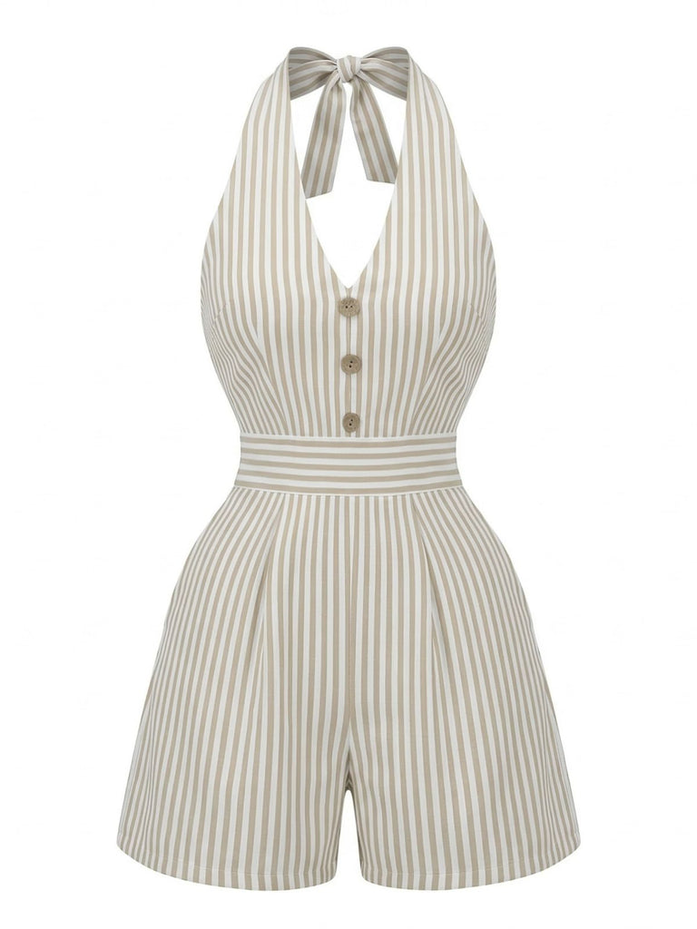 Combishort Dos-Nu Rayé Taille Cintrée Beige Années 1950