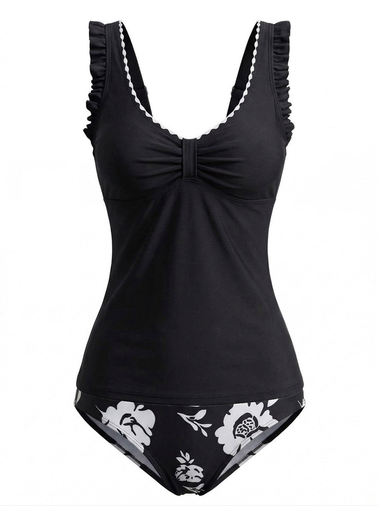Ensemble Tankini Floral Froncé à Bretelles Volantées années '50 10