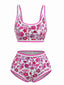 Ensemble Bikini Rose Col Rond Floral Taille Haute Années 1950