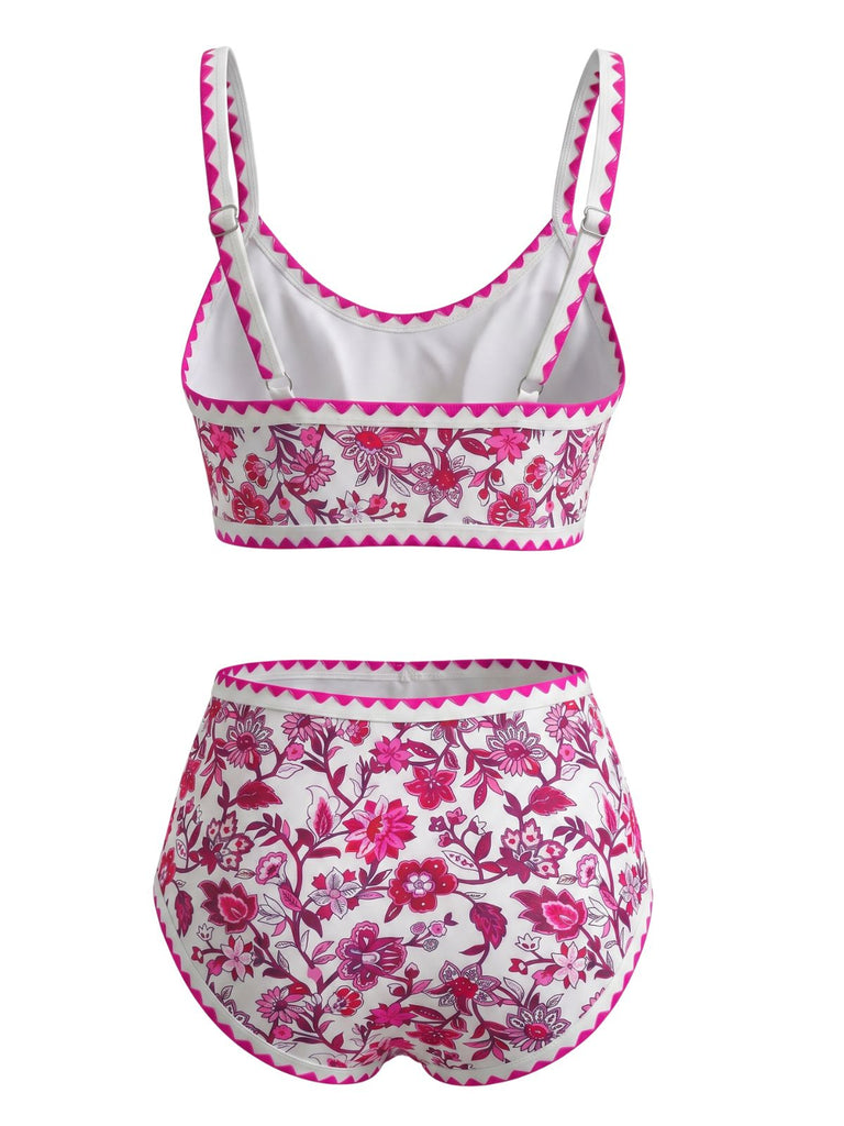 Ensemble Bikini Rose Col Rond Floral Taille Haute Années 1950