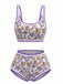 Ensemble Bikini Rose Col Rond Floral Taille Haute Années 1950