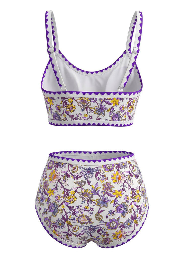 Ensemble Bikini Rose Col Rond Floral Taille Haute Années 1950