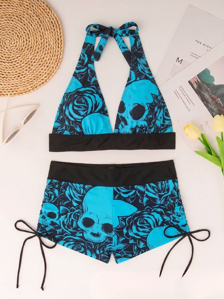 Ensemble Bikini Tête de Mort Gothique Halter Années 1950 3
