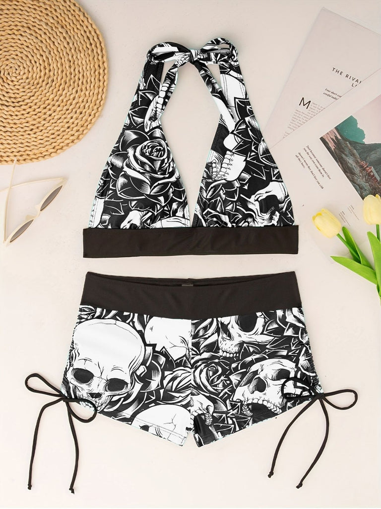 Ensemble Bikini Tête de Mort Gothique Halter Années 1950 6