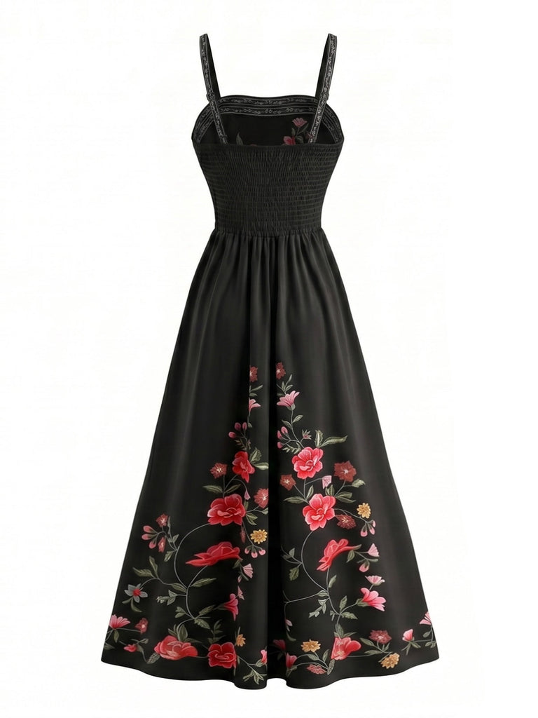 Florale Smockéé Bretelles Spaghetti Robe Années 1950 4