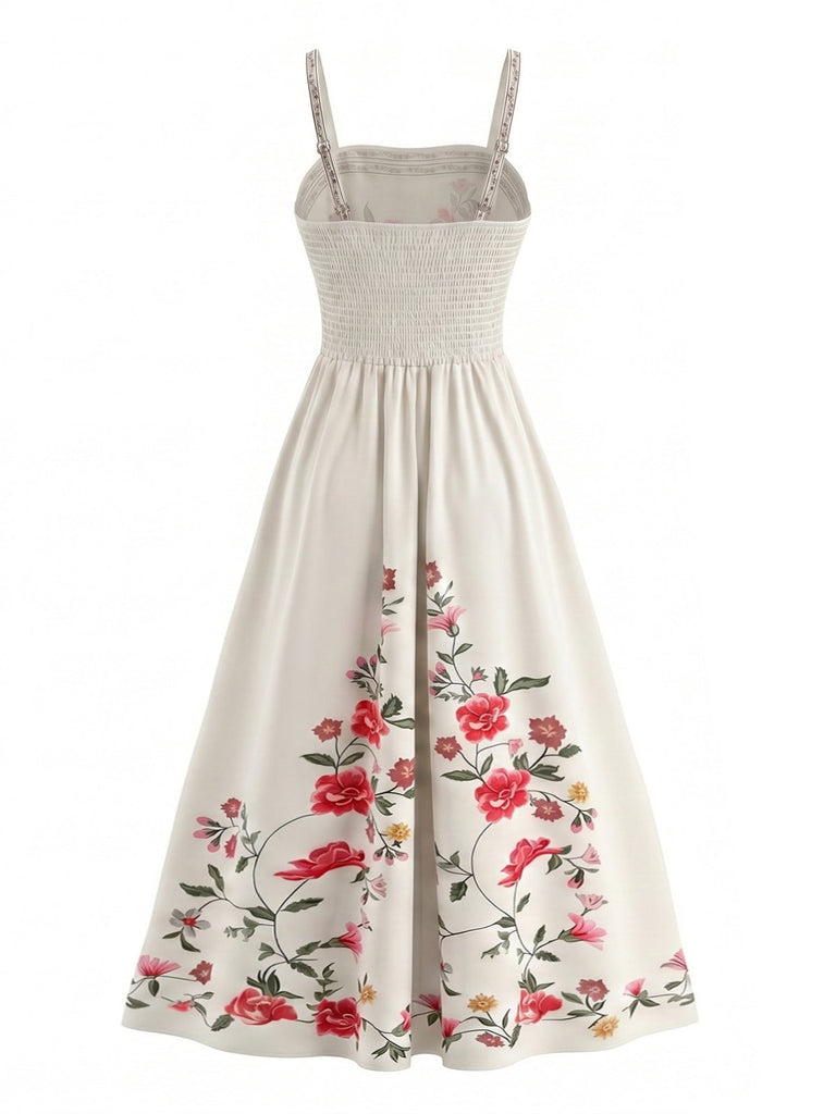 Florale Smockéé Bretelles Spaghetti Robe Années 1950 2