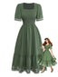 Robe jacquard smockée encolure carrée et broderies années 1940