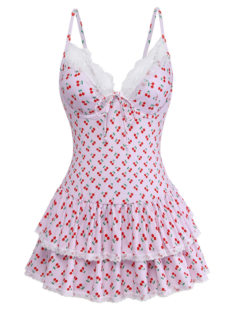 Maillot de Bain Une Pièce Bordure Dentelle Imprimé Cerises Rose Années 1940