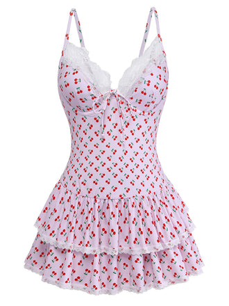 Maillot de Bain Une Pièce Bordure Dentelle Imprimé Cerises Rose Années 1940