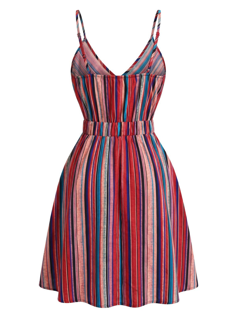 Col en V Bohème Style Rayée Mini Robe Années 1970 2