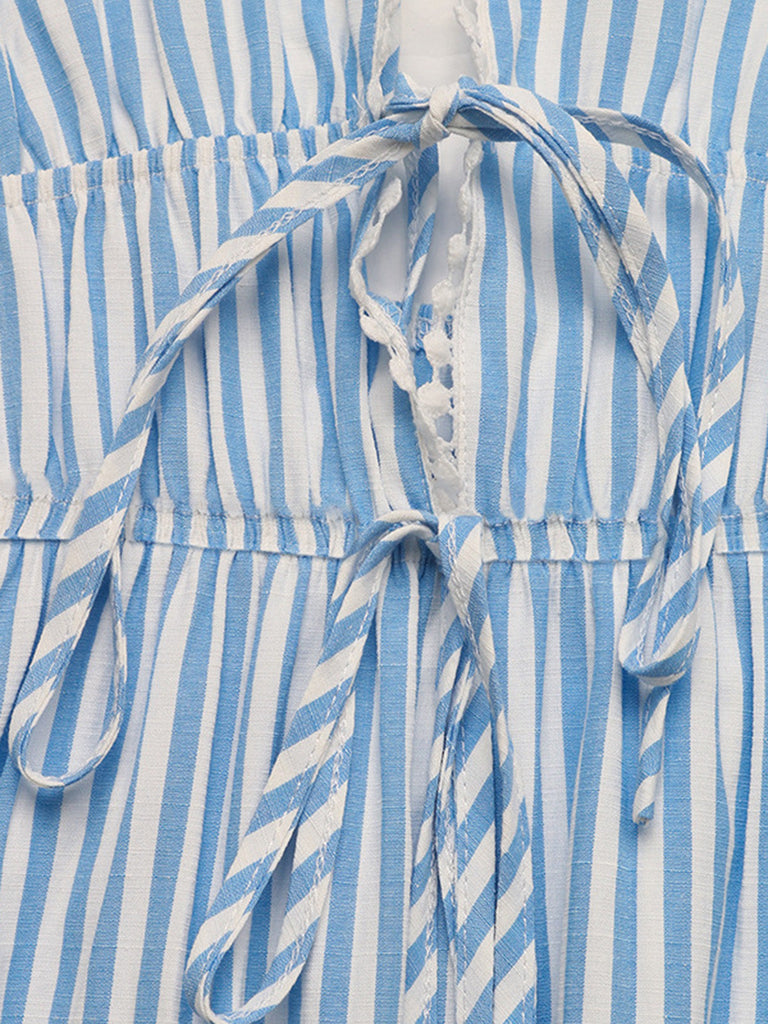 Robe Sans Manches Col V Profond Dos-Nu Rayée Bleue Années 1960