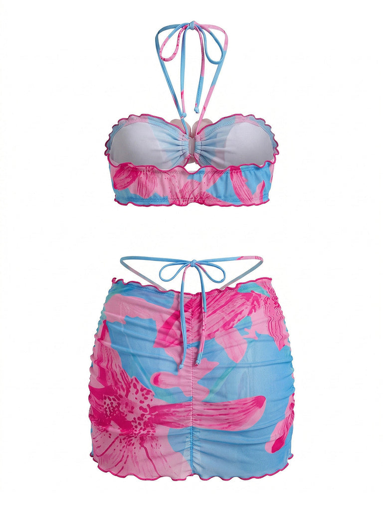 Ensemble 2 Pièces Bikini Dos-Nu Floral & Cache-Maillot Moulant Années 1960