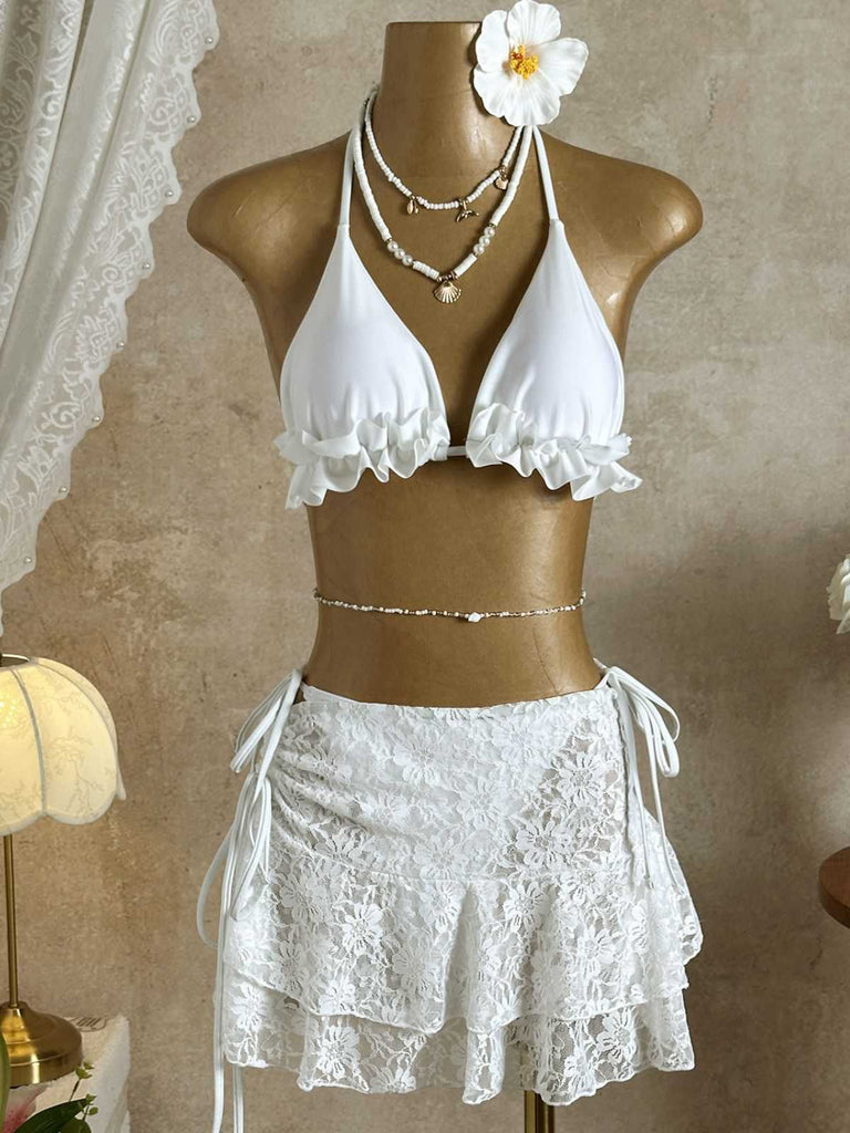 Ensemble bikini col halter et cache-maillot fleurie années 1960