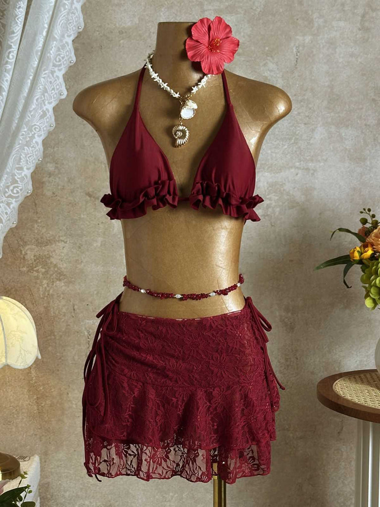 Ensemble bikini col halter et cache-maillot fleurie années 1960
