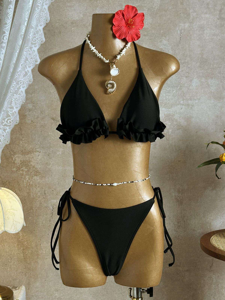 Ensemble bikini col halter et cache-maillot fleurie années 1960