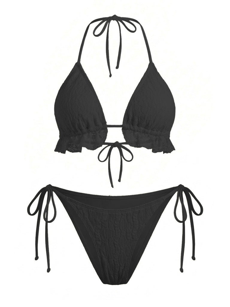 Ensemble 2 Pièces Bikini Dos-Nu Uni en Dentelle & Cache-Maillot à Volants Années 1960