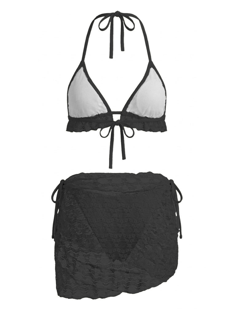 Ensemble 2 Pièces Bikini Dos-Nu Uni en Dentelle & Cache-Maillot à Volants Années 1960
