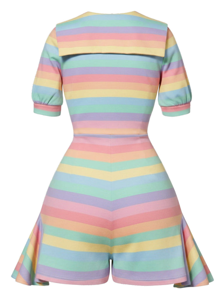 [Prévente] Combishort à Col Chelsea à Volants Rayures Arc-en-ciel Pastel Années 60