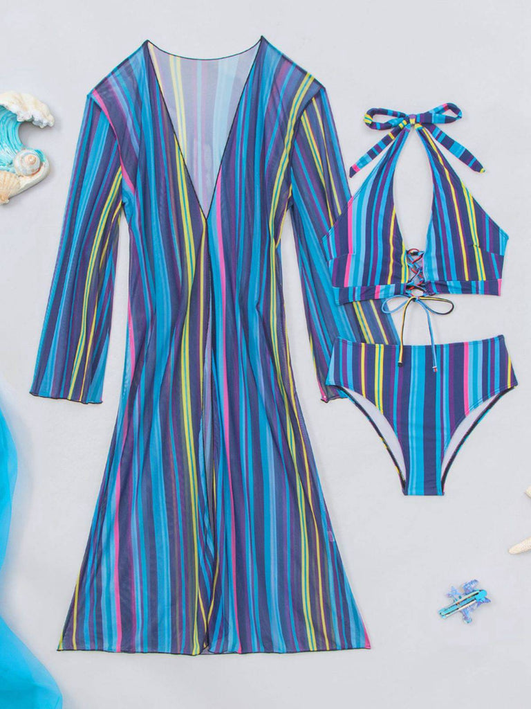 Ensemble Bikini Lacé à Rayures Verticales et Cache-Maillot Années 60