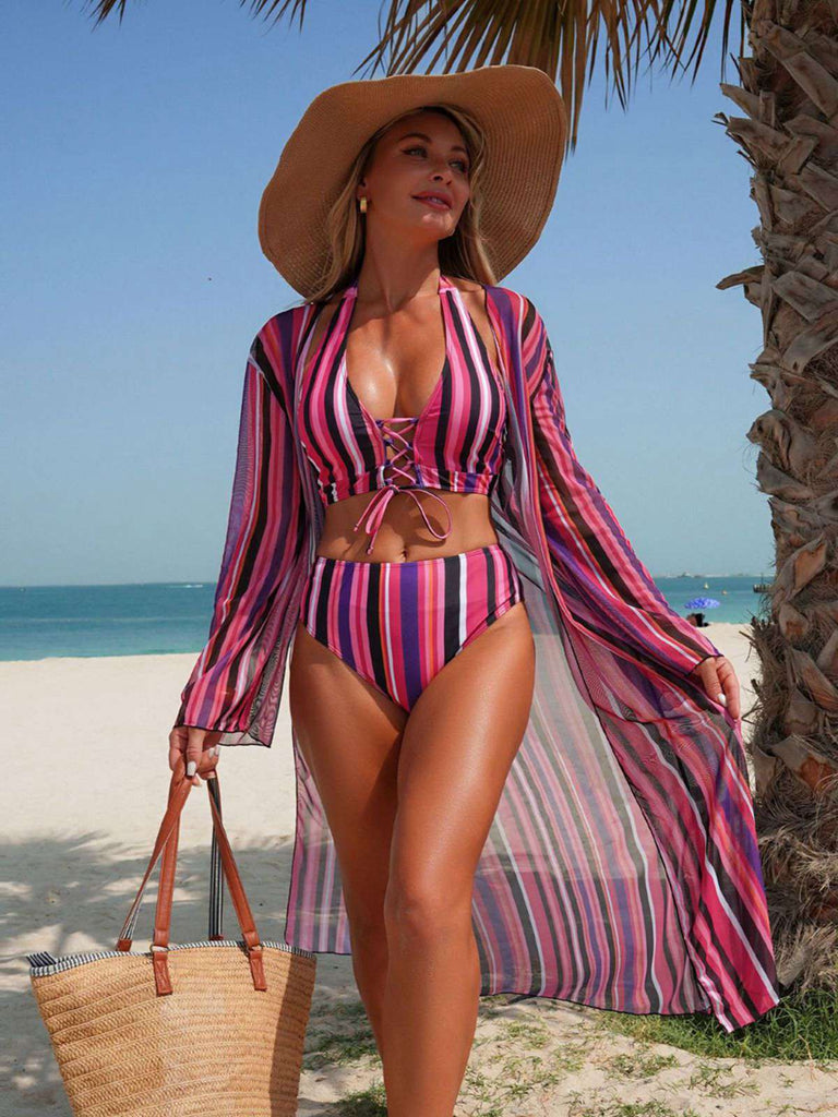 Ensemble Bikini Lacé à Rayures Verticales et Cache-Maillot Années 60