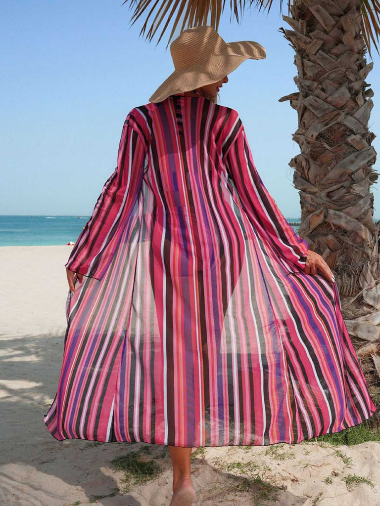 Ensemble Bikini Lacé à Rayures Verticales et Cache-Maillot Années 60