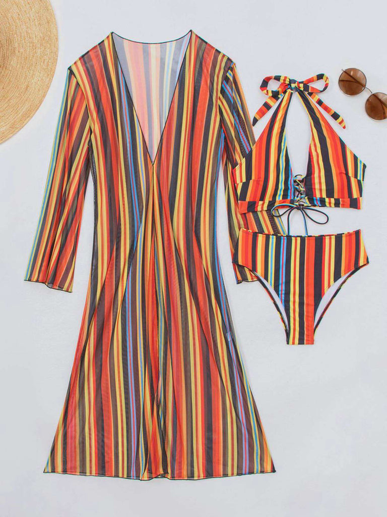 Ensemble Bikini Lacé à Rayures Verticales et Cache-Maillot Années 60