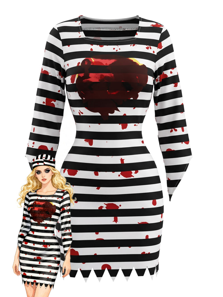 Robe courte Halloween de prisonnier rayée à éclaboussures de sang années 1970 - 1