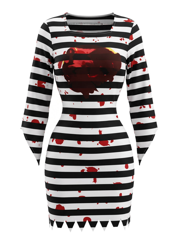 Robe courte Halloween de prisonnier rayée à éclaboussures de sang années 1970 - 2