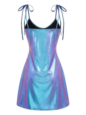 Blue 1970s Patent Leather Spaghetti Strap Mini Dress - vintage dress, retro fashion